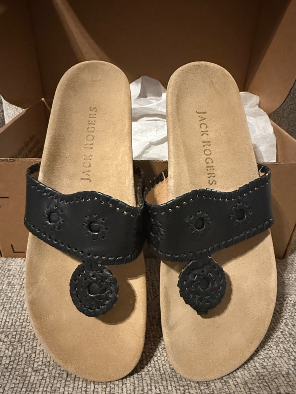 Jack Rogers Black Leather Comfort Thong Sandals Size 9M New